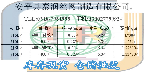 400目不锈钢印刷网规格表